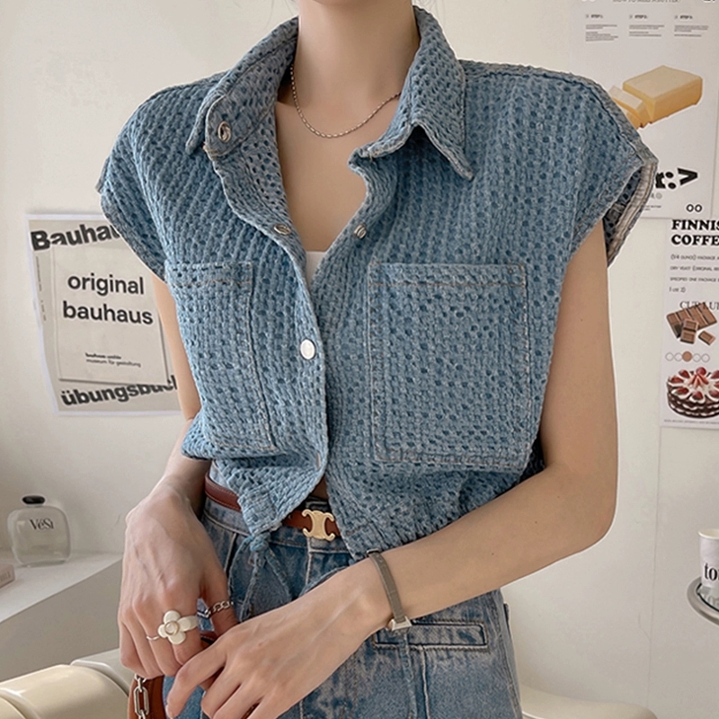 Summer Women Korean Blue Short Denim Vest Big Pocket Lapel Single-Breasted Sleeveless Drawstring Waist Lace-Up Cowboy Waistcoat