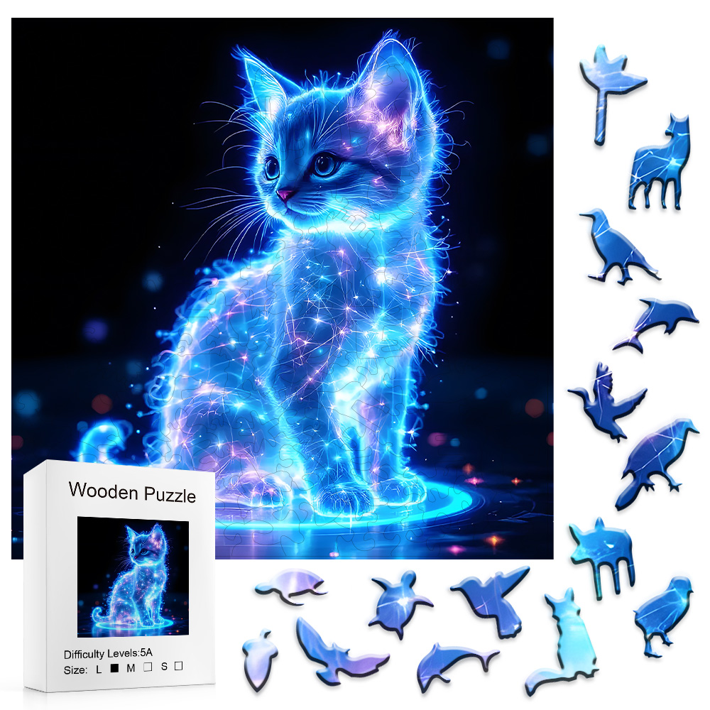 大人の木製パズル - 蛍光猫の木製パズル、 ユニークな動物の形の大人の木製パズル、 大人の木製パズル、