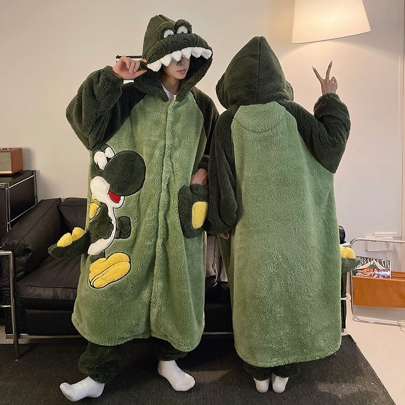 New Winter Flannel Men Pajamas Set Plus Size 3XL Thick Warm Sleepwear Robe With Pants Cartoon Man Home Clothes Hooded Loungewear