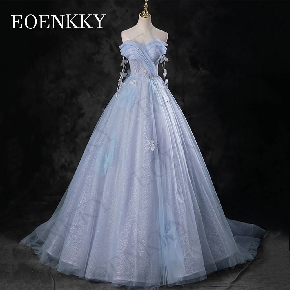 EOENKKY Blue Off Shoulder Princess Prom Dresses Celebrity A Line Pearls 3D Butterfly Evening Gown платье на выпускной Customized