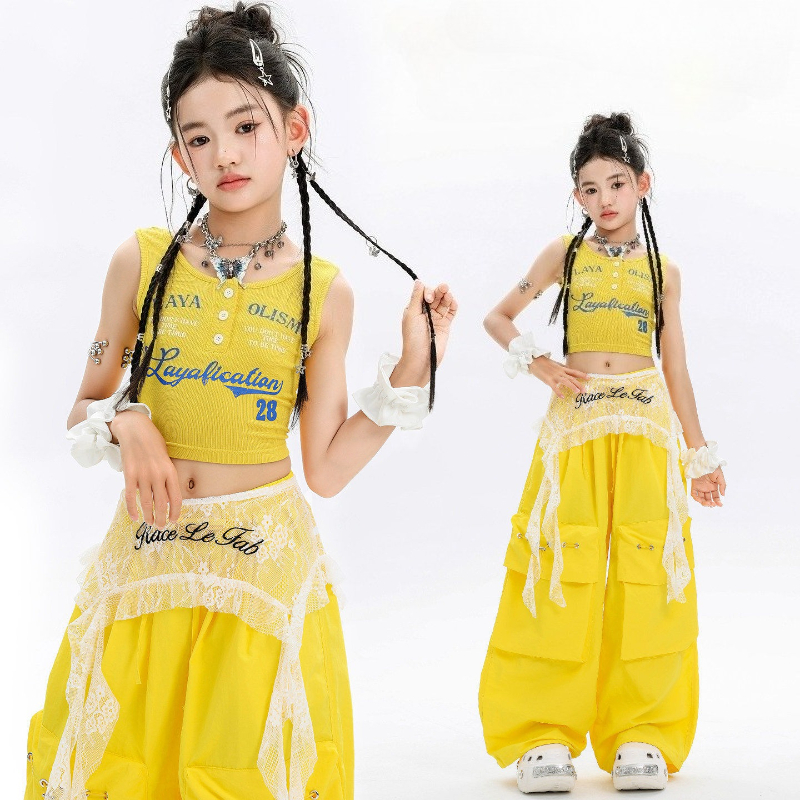 Girls Hip Hop Street Dance Clothes Sets Fashion Vest Top Yellow Baggy Pants Cool Streetwear Outfits Group Jazz Stage Costumes
