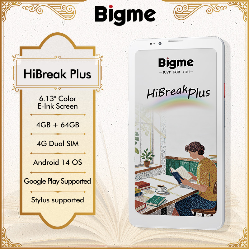 Bigme Hibreak Plus 電子リーダー、6.13 'カラー電子ペーパースクリーン (53FPS)、Android 14、4 64GB、4G デュアル SIM 電子ブックリーダー、スタイラス対応