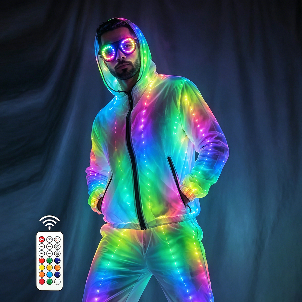 メンズ LED ライトアップ トラックスーツ フルセット 光ファイバー光るフード付きジャケットとパンツ フェスティバル レイブ パーティー コスチューム用