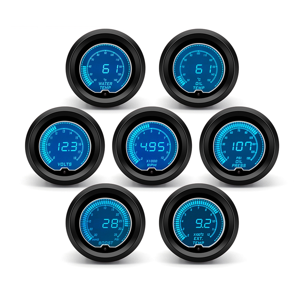 52 ミリメートルタコメーター RPM ブースト水温油温油圧排気温度ゲージ電圧計 LCD デジタルディスプレイ 7 色車のゲージ
