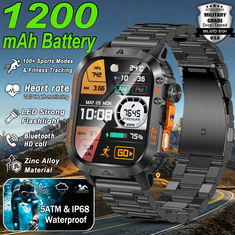 2026 新 1200 mah バッテリー軍事スマートウォッチ男性 5ATM 防水フィットネストラッカー健康心拍数頑丈なスポーツスマート腕時計
