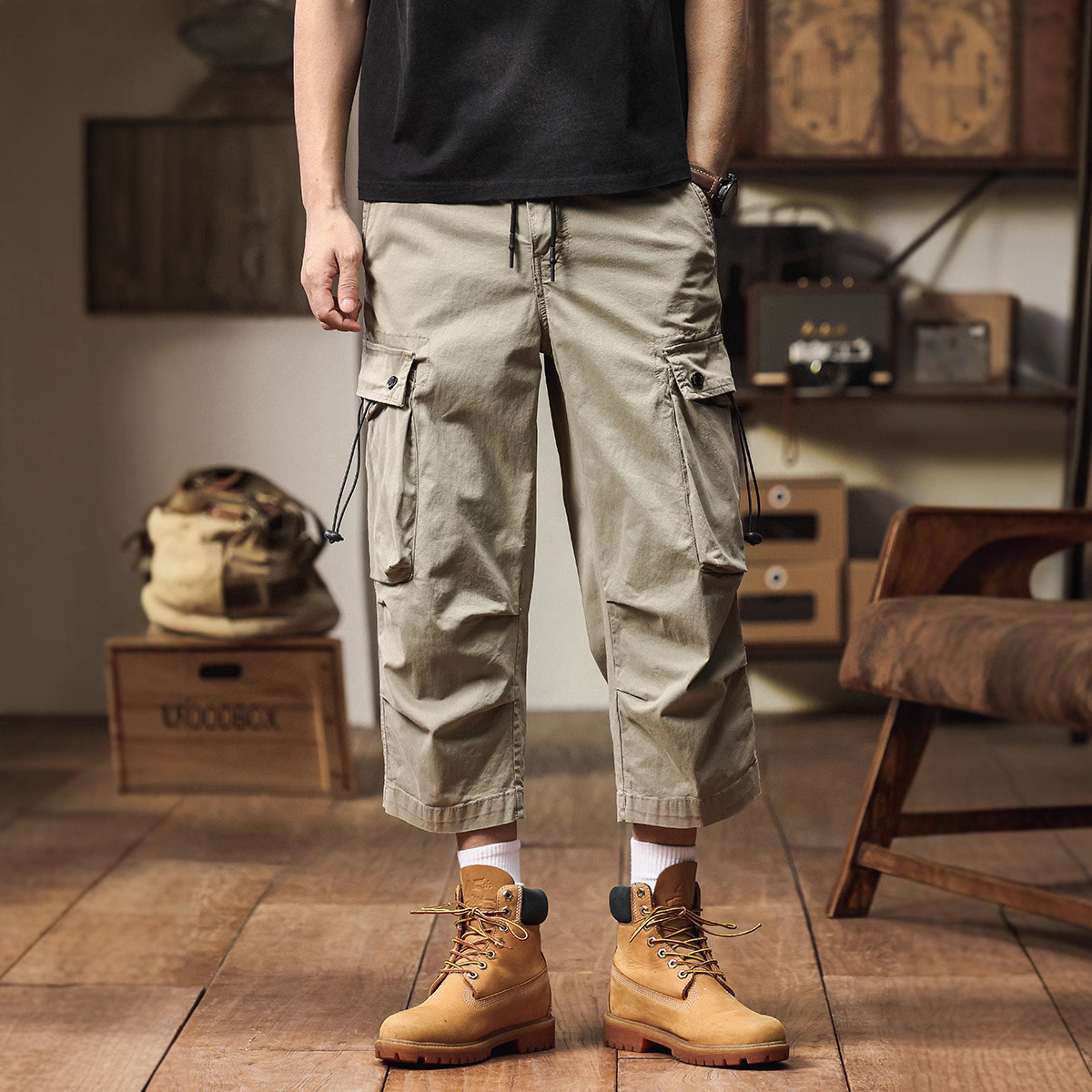 男性アメリカンヴィンテージストレートレッグカーゴパンツ 2025 春夏ルーズフィットビッグサイズカジュアルパンツ