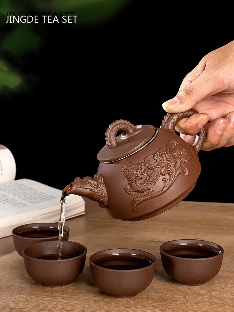 本物の宜興紫粘土茶セット手作りドラゴンティーポットフィルター茶注入器ストレーナーティーカップケトル家庭用茶器