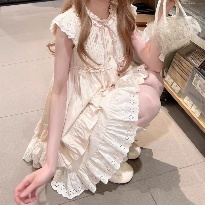 日本のかわいいロリータドレスピュアカラーエレガントな甘い妖精ショートパーティードレス夏のヴィンテージ服 Y2k ワンピースドレス韓国