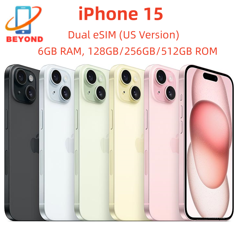 iPhone 15 デュアル eSIM 6.1 インチ本物の Super Retina XDR OLED 128/256/512GB ROM 6GB RAM フェイス ID NFC A16 オリジナル 98% 新しい 5G 携帯電話