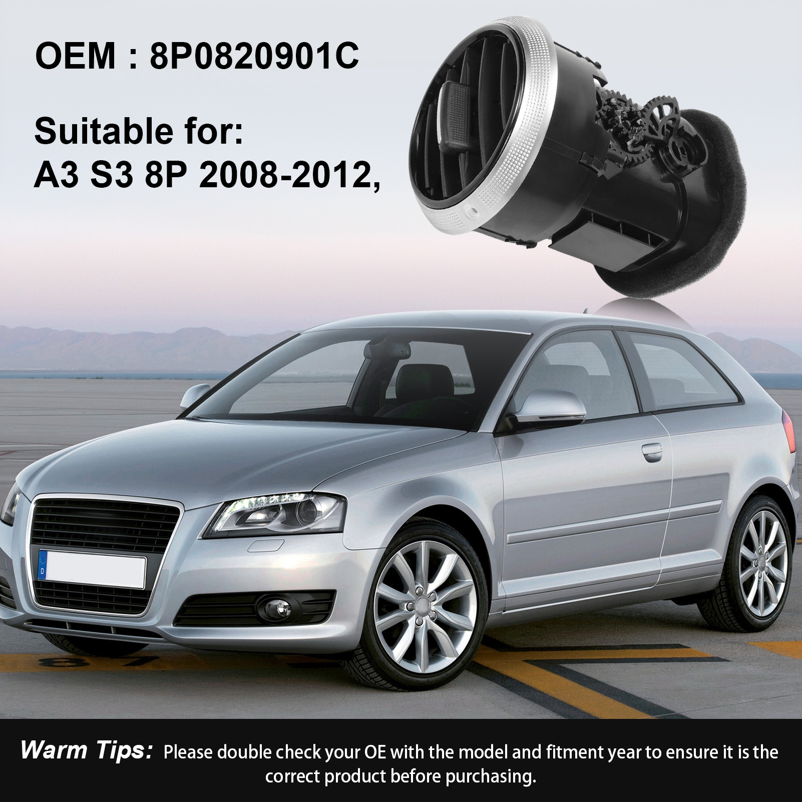 車のフロントダッシュボードエアコンベントアウトレット 8P0820901C アウディ A3 S3 8P Baujahre 2008-2012 交換用エアベント Linstrument