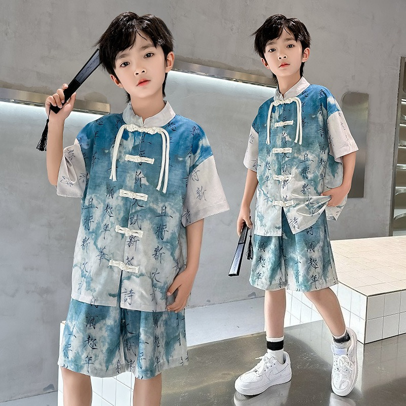 ファッション韓服少年夏子供セットカジュアル半袖唐装ティーンエイジャーの男の子服トップスショーツ衣装子供服