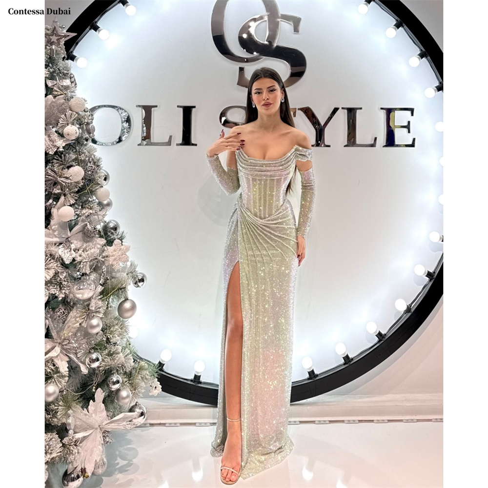 Contessa Dubai カスタマイズされたシルバー光沢のあるウエディングドレスと袖オフショルダー Vestidos de noche サイドハイスプリットフォーマルイベントドレス