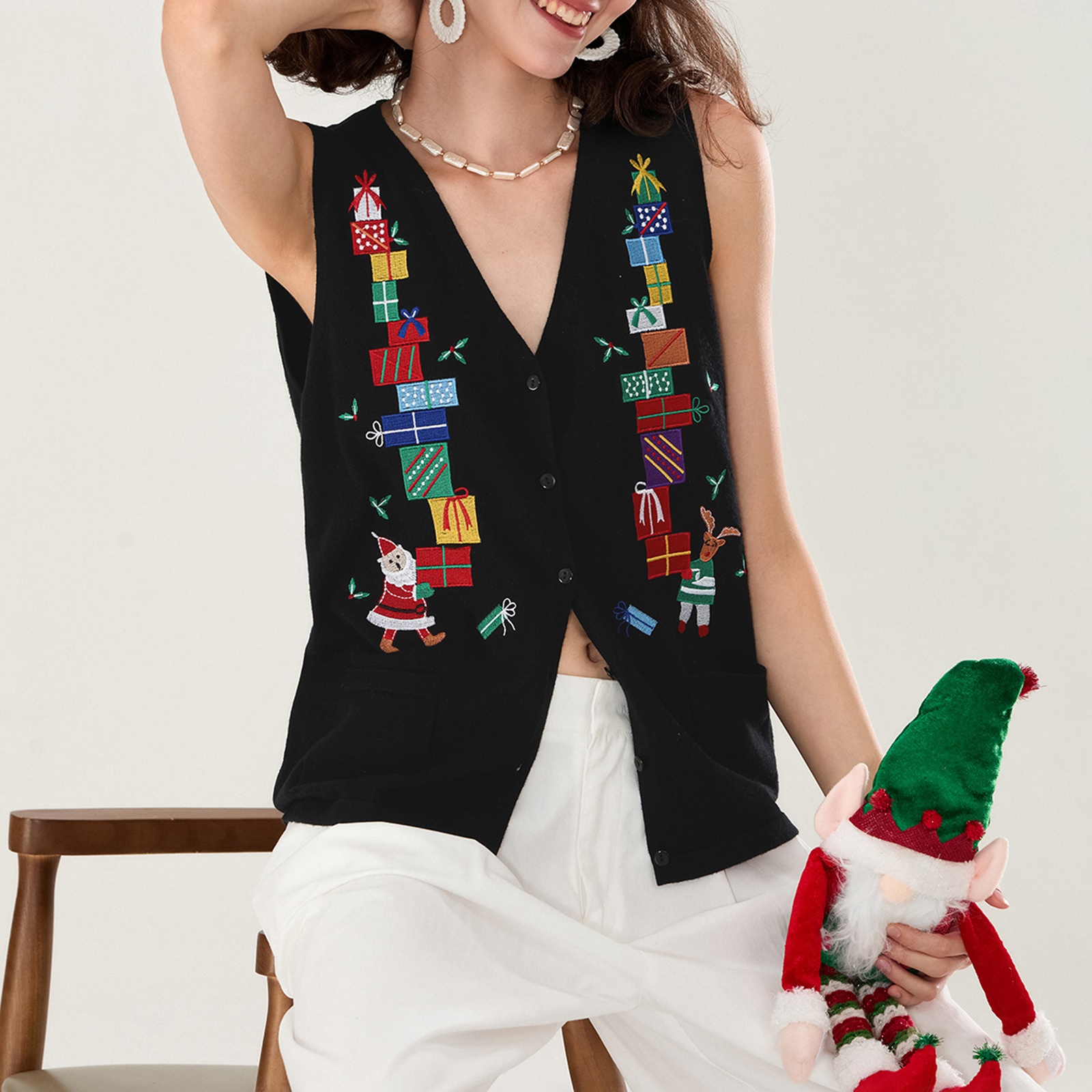 Hirigin 女性クリスマスセーターベスト刺繍サンタボタンニットカーディガンノースリーブクリスマスタンクトップ Y2K 休日醜い服