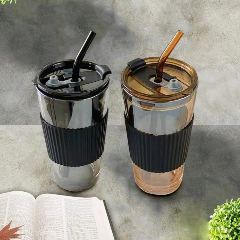 シンプルなコーヒーカップ、蓋付き透明、オフィス用ガラスウォーターカップ、ポータブルストローカップ