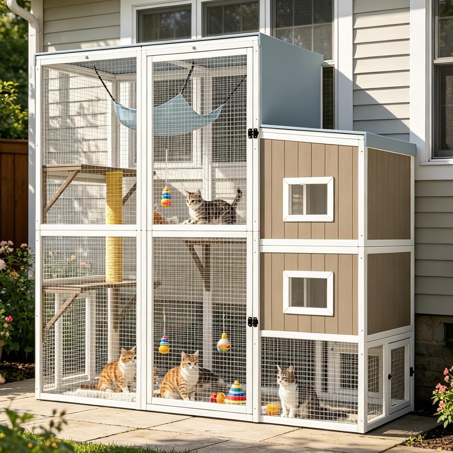 猫用大型カティオ - プラットフォーム、レストハウス、ハンモック付きの猫囲いの木製ウォーク