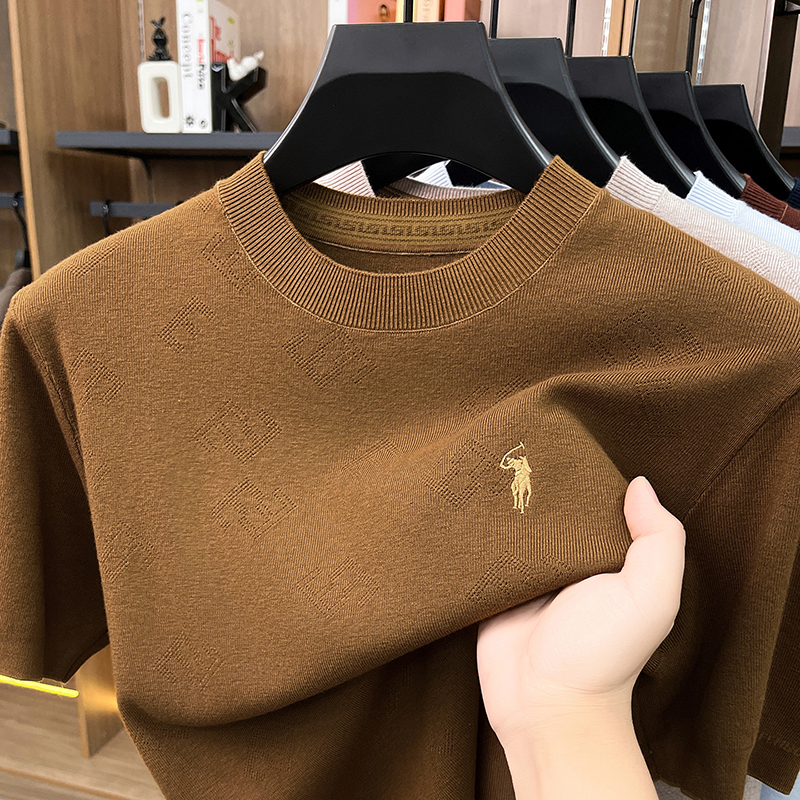 ハイエンドメンズクルーネックニットセーターカジュアル刺繍トレンディベースシャツ半袖Tシャツ夏用ソリッドカラートップ