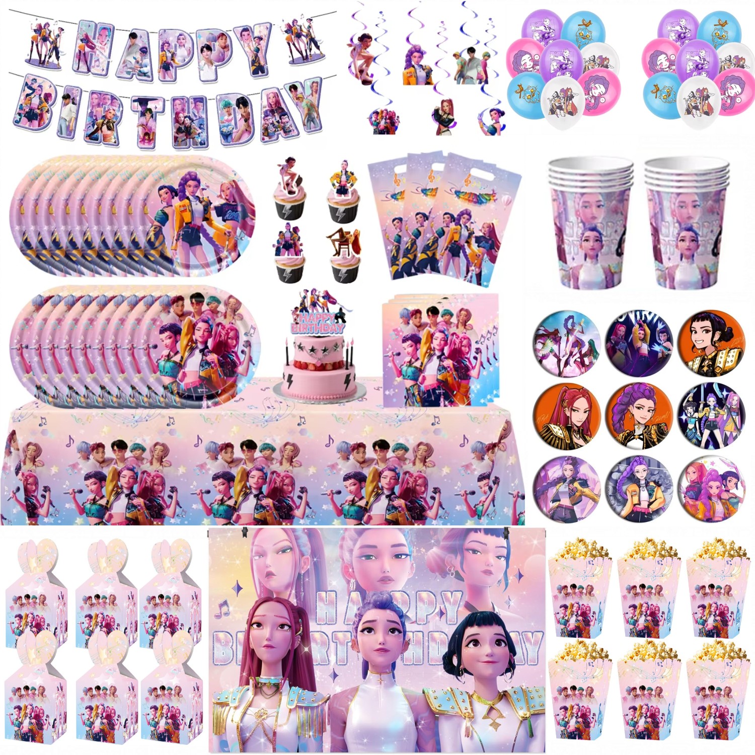 K-POP 子供の誕生日パーティー用品 オールインワン装飾セット - 紙食器カップ キャンディボックス ギフトバッグ バナー お祝いのお祝い用