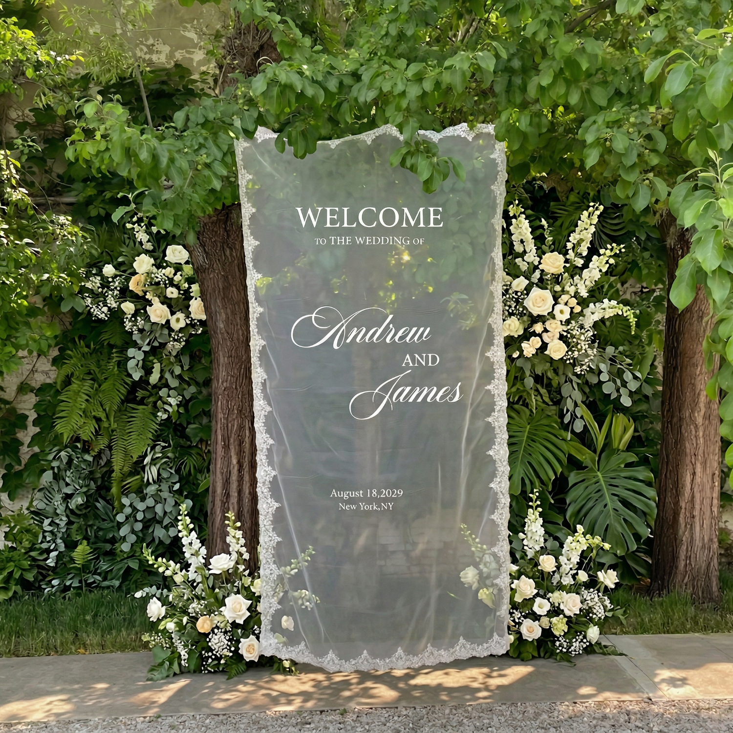 カスタムウェディングウェルカムサインレース生地サインパーソナライズされたウェルカムバナー結婚式婚約シャワーパーティー屋外装飾用