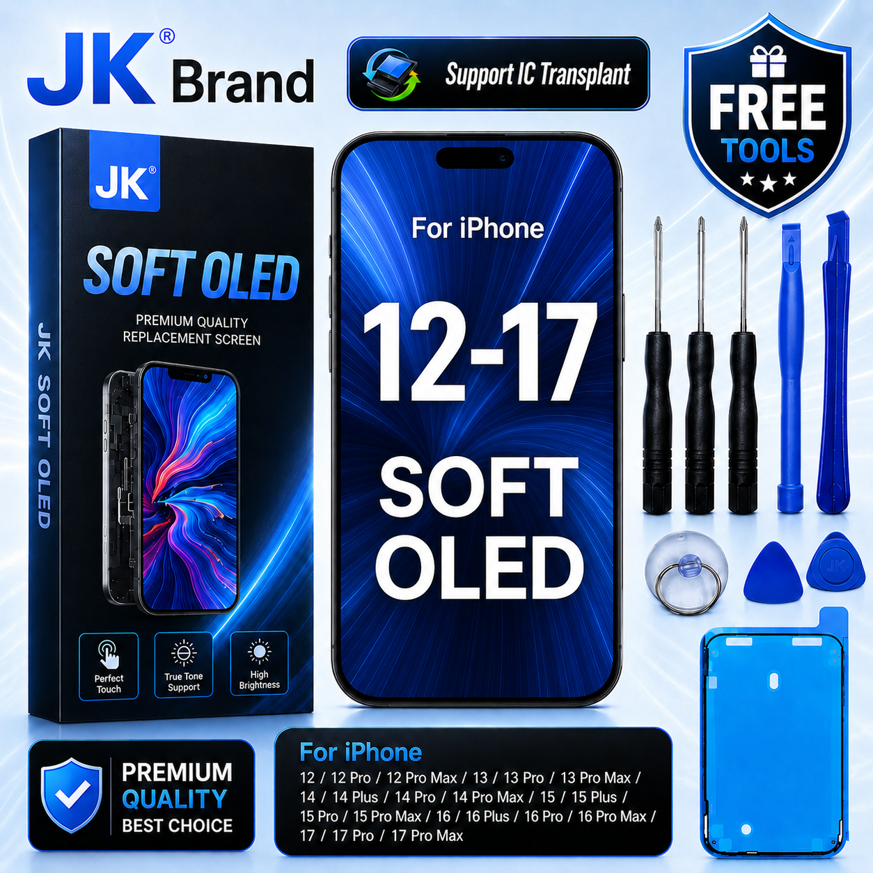 JK フレキシブルソフト OLED ディスプレイアセンブリ iPhone 12 13 14 15 16 17 Pro Max Plus スクリーン交換部品