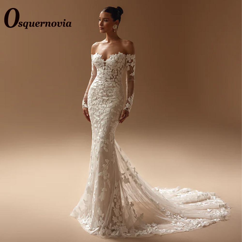 Osquernovia 魅力的なウェディングドレスマリアージュマーメイドオフショルダーアップリケジッパー Vestido デノビアカスタマイズ