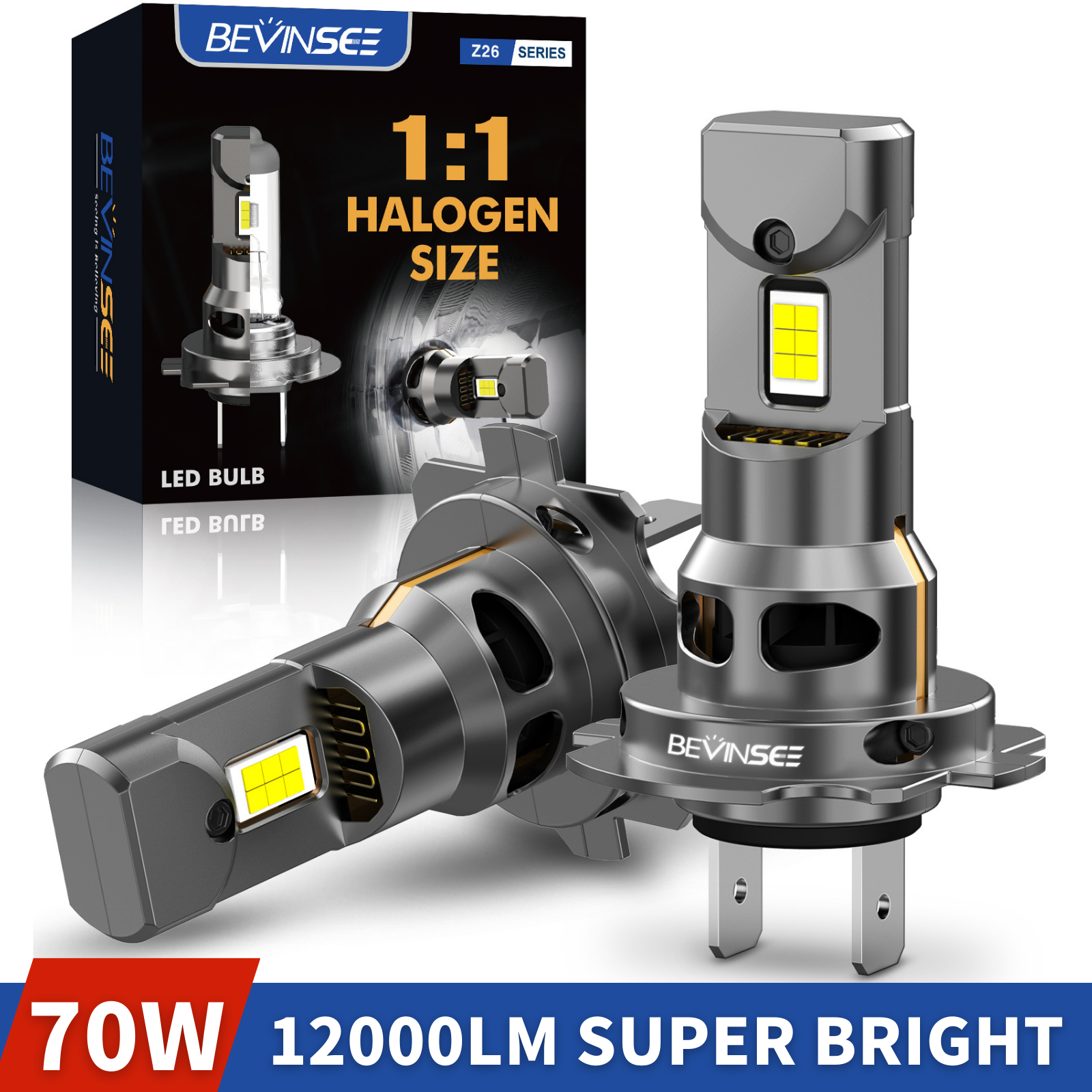 BEVINSEE H7 LED ヘッドライト電球 CANBUS 1:1 ハロゲンサイズ プラグアンドプレイ H4 H1 H11 HB3 9005 HB4 9006 車 LED ライト 70 ワット 12000LM 12 V