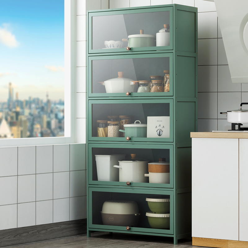 多層キッチン用品収納キャビネット、竹キャビネット、食器キャビネット、リビングルーム本棚、透明ドア収納キャビネット