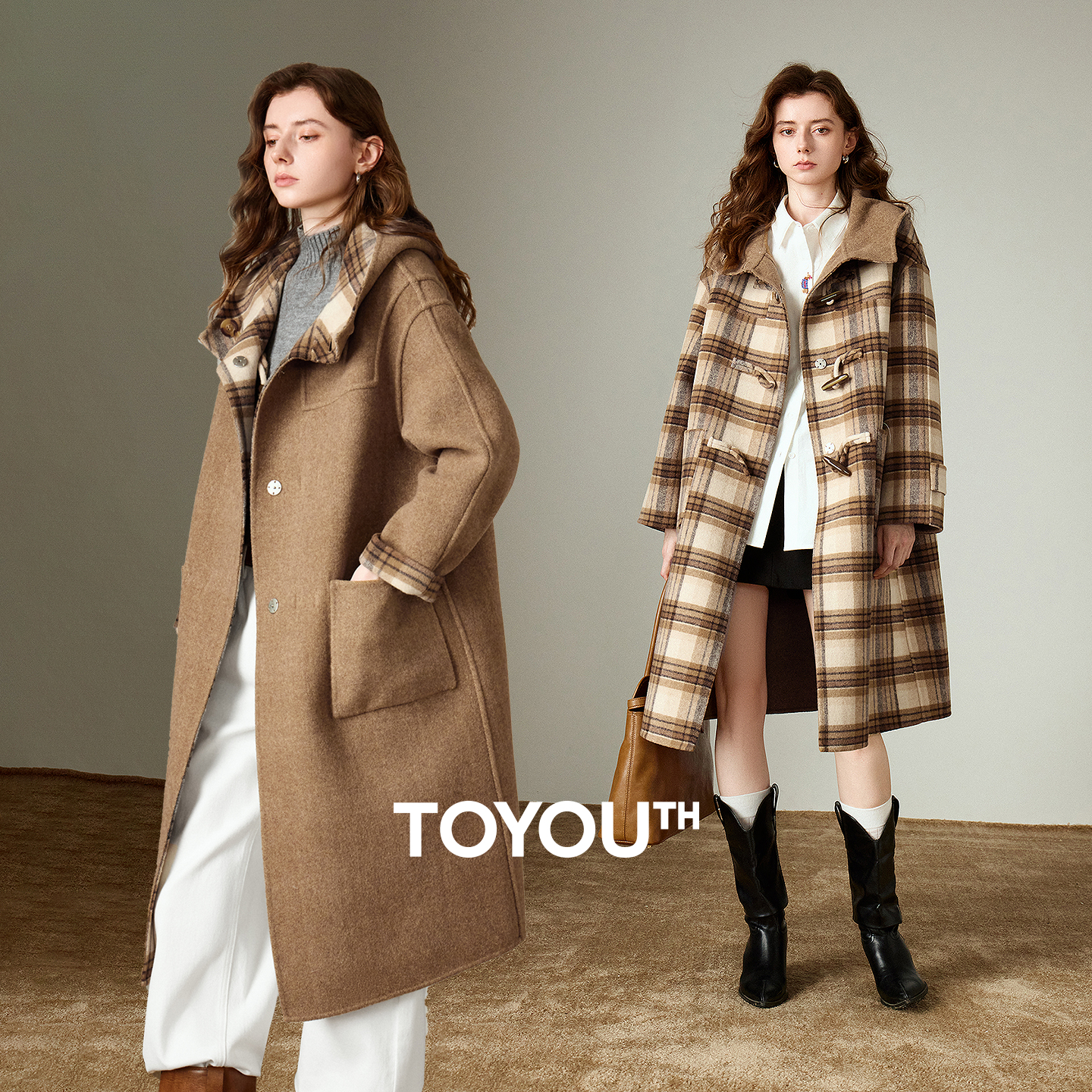TOYOUTH Women Woolen Long Coat 2025 Winter New Nomadic Style Sheep Wool Plaid Hooded Cow Horn Buckle Female Overcoat