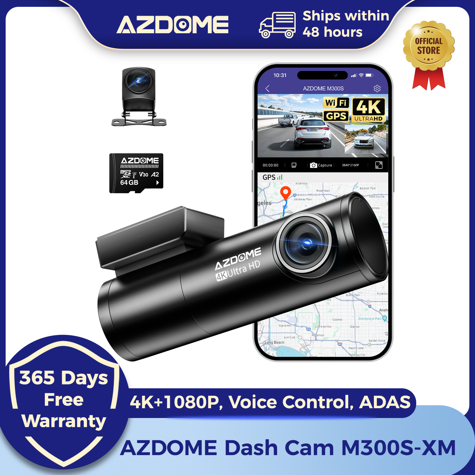 AZDOME ダッシュカム M300S 4K 1080P デュアルダッシュカーカメラ内蔵 WiFi GPS ADAS 車 DVR 24H 駐車モードナイトビジョンブラックボックス