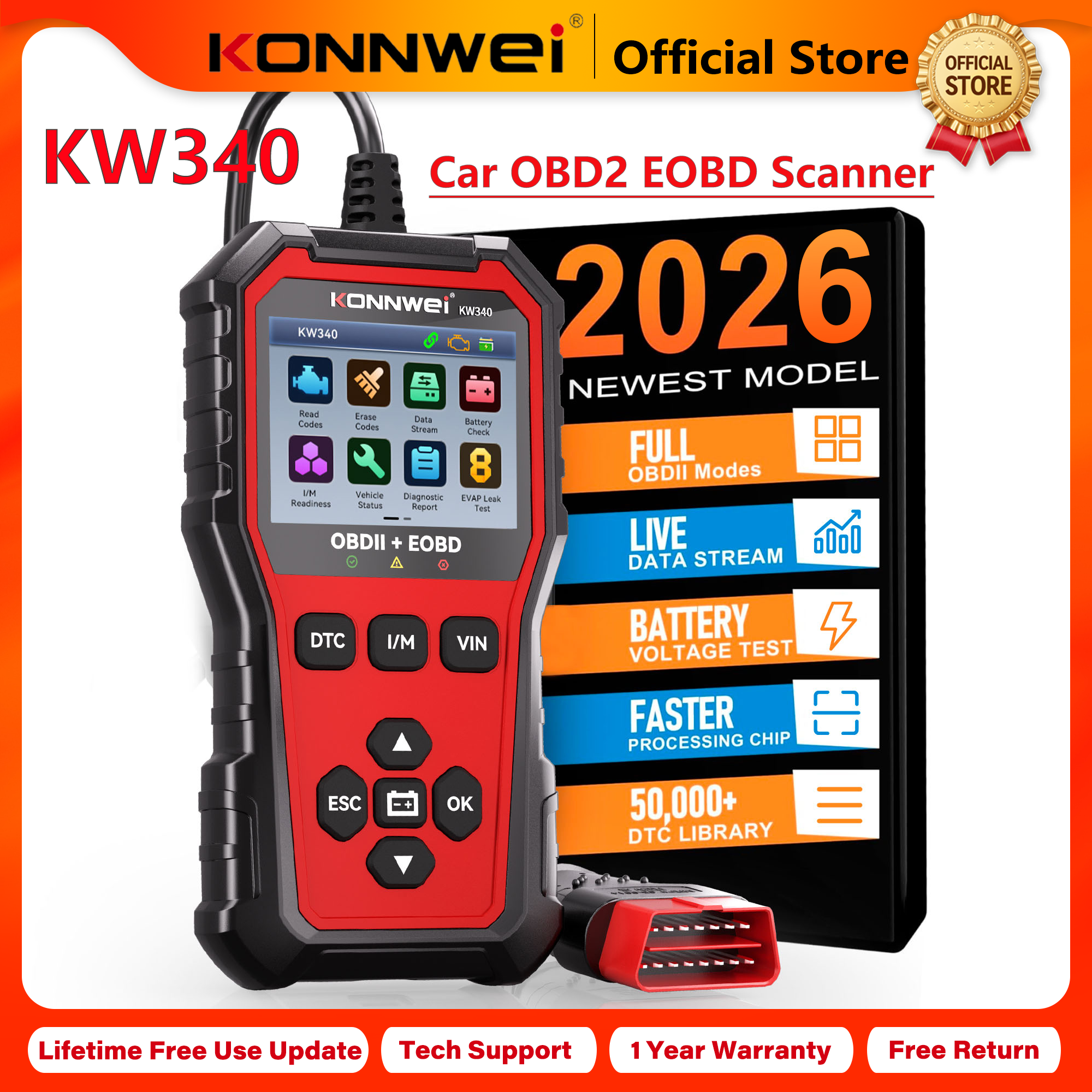 2026 KONNWEI KW340 車 CAN OBD2 EOBD スキャナー診断ツール エンジン