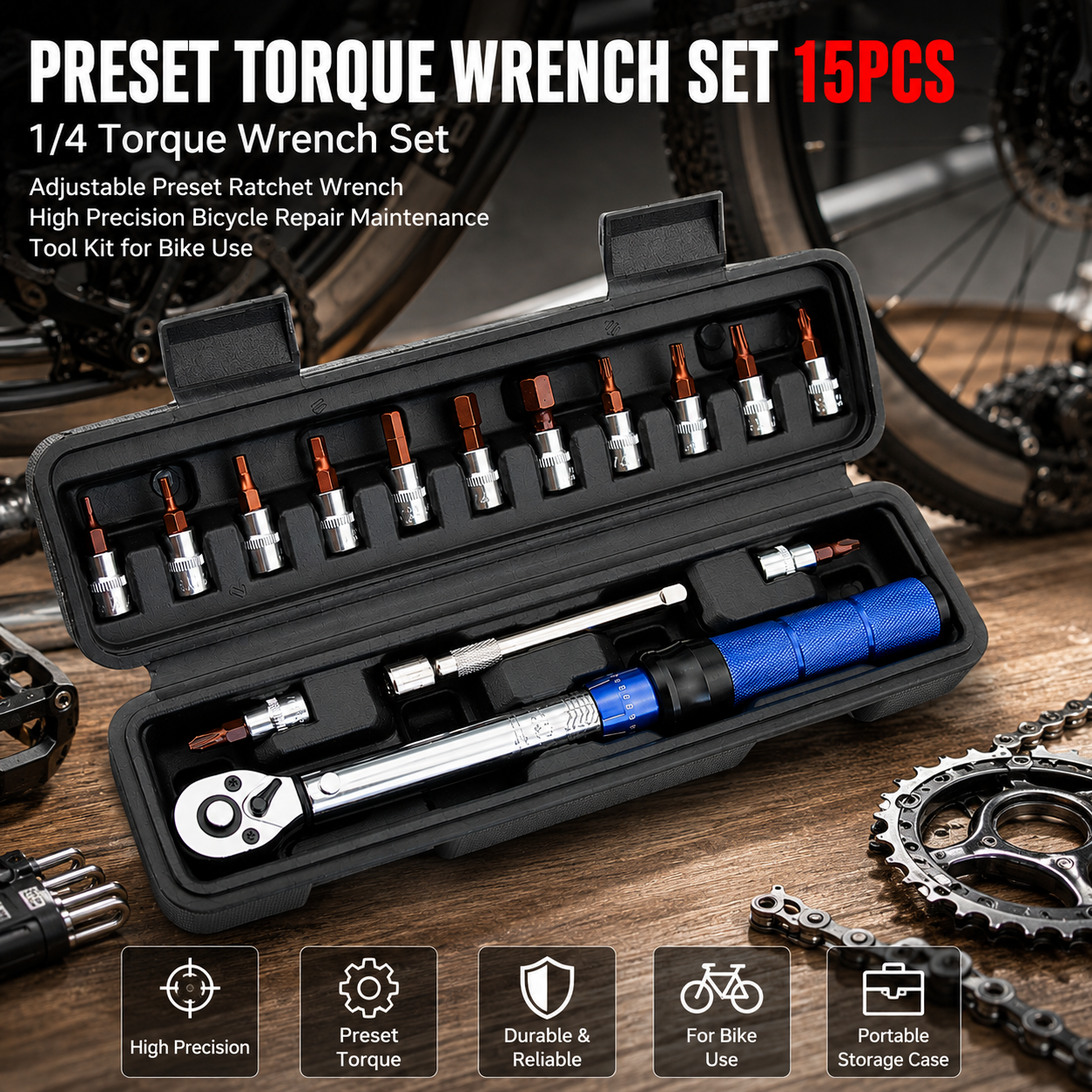 1/4 Torque Wrench Set Adjustable Preset Ratchet Wrench High Precision Bicycle Repair Maintenance Tool Kit for Bike Use