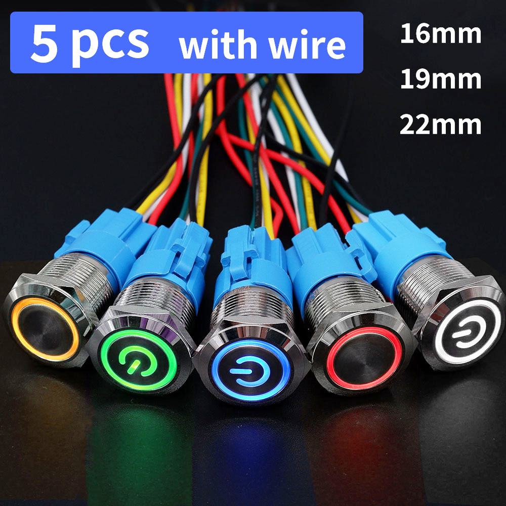 5 個の金属プッシュボタンスイッチ 12v 16 ミリメートル 19 ミリメートル 22 ミリメートルリングランプ電源シンボル防水 LED ライトセルフロックリセットコネクタ 220