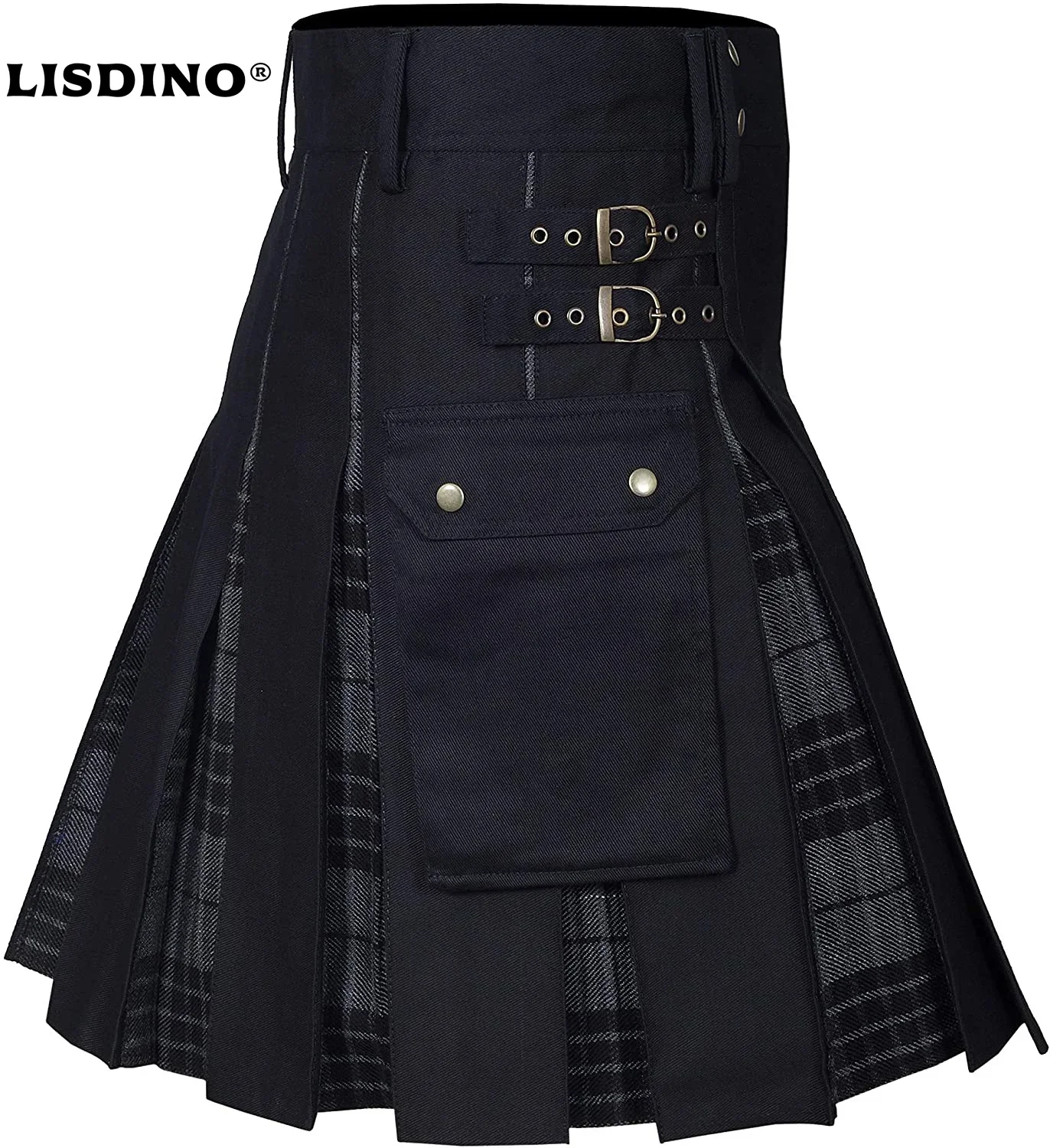LisdinoKilts メンズ、ユーティリティキルト、綿 100% ジーンズハイブリッドキルト、モダンボックスプリーツタータンチェック伝統的なメンズキルト