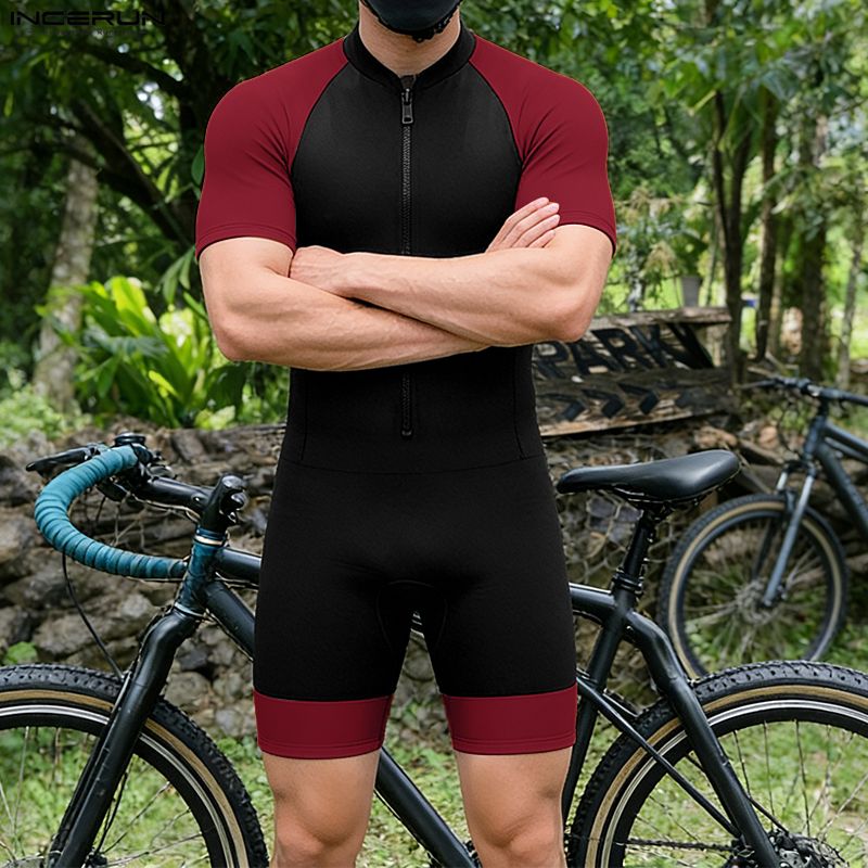 INCERUN メンズボディスーツパッチワークカラーブロックジッパー半袖ロンパース男性ロンパース & ワークアウトファッションカジュアル男性ボディスーツ