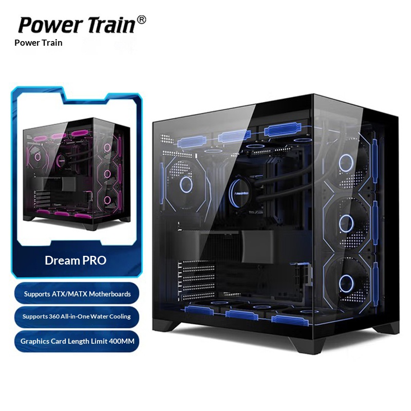 Power Train Dream Pro パノラマパースペクティブ シービュー ルームケース、360 度水冷 ATX MATX ITX マザーボード付き