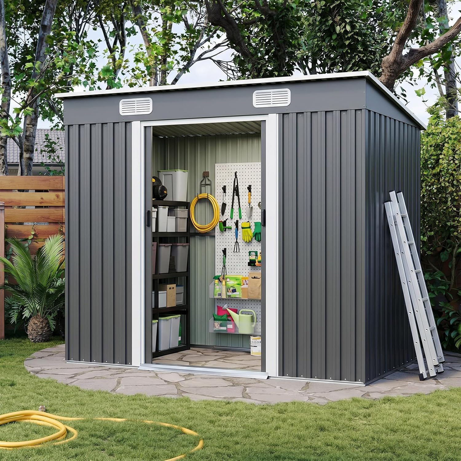4x8 金属製収納小屋 屋外スチールガーデンツール小屋 裏庭、芝生、パティオヤード用の引き戸付き金属製小屋、グレー、カスタム