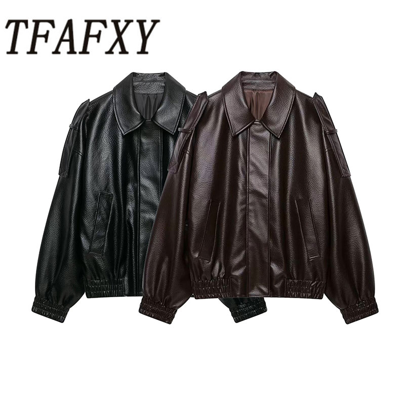 TFAFXY 2026 秋カジュアルシックなレザージャケット女性長袖ボタン弾性特大コートファッションストリートコート