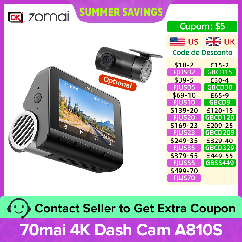 70mai 4K ダッシュカム A810S デュアル IMX センサー フロント 4K 30FPS リア 1080P HDR バッファー付き緊急録画 スーパーキャパシター ナイトビジョン