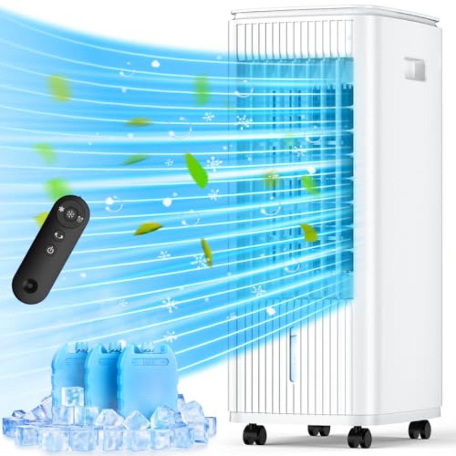 屋内用蒸発式空気冷却器、プラスチックボディ、白、2 つのモード、3 つの速度、リモコン、窓付きの 3-in-1 スワンプクーラー