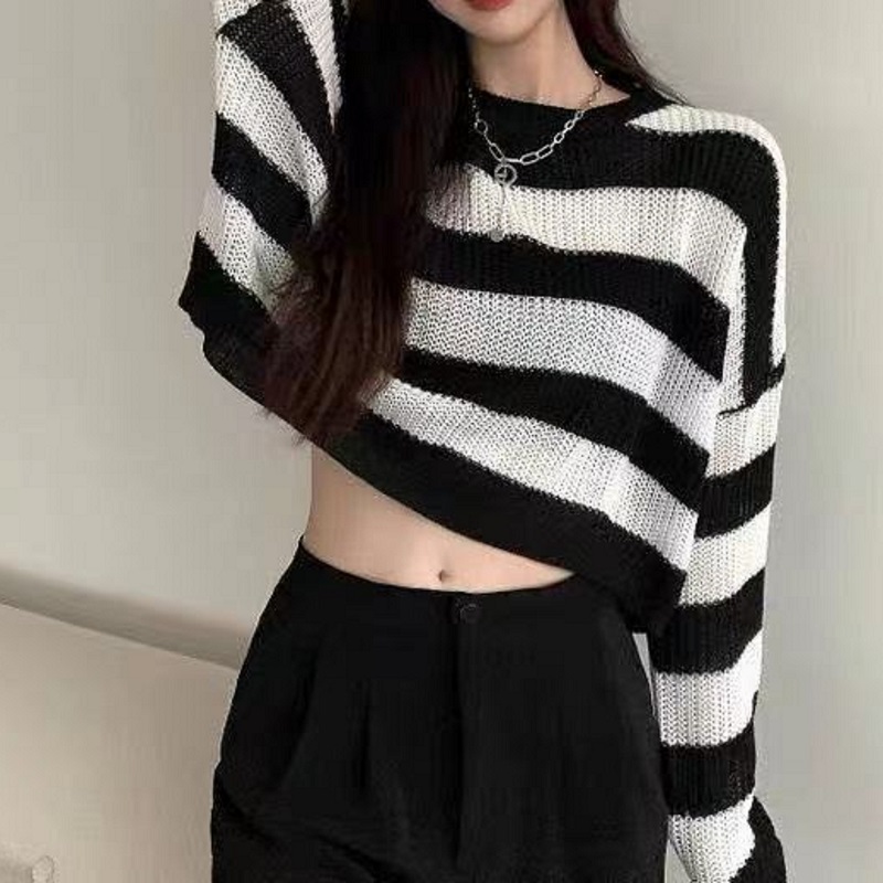 新しい韓国スタイルのストライプ丈セーター女性ヴィンテージオーバーサイズニットジャンパー女性の秋長袖 O ネックプルオーバートップス