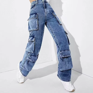 ハイウエスト、マルチポケット、ゆったりとしたシルエットのレディースカーゴパンツ、ストレッチデニム、ストレートレッグジーンズ