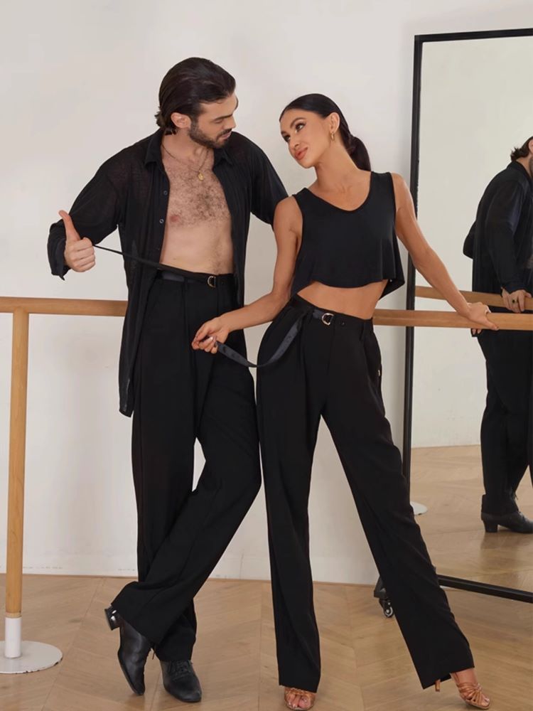 ZYMdancestyle メンズ ラテン ダンスウェア ルーズフィット パンツ 調節可能なウエストベルト メタルボタン付き カップル用 滞在ズボン