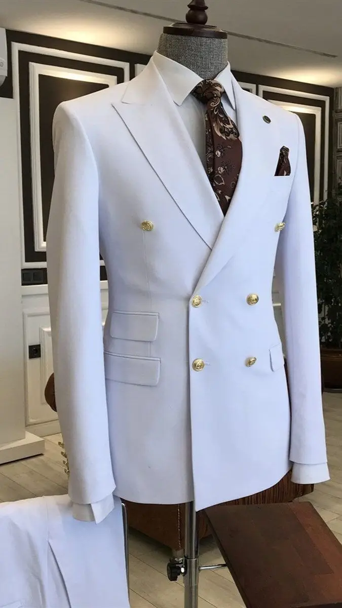デザイナーホワイトピンクピークドラペル男性スーツダブルブレストオーダーメイド結婚式花婿の付添人タキシードウエディングスーツ用男性