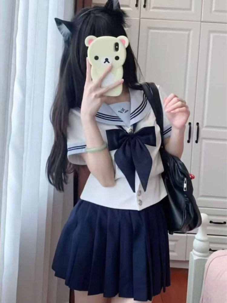 夏半袖セーラースーツ学生制服セット女性のスリムフィットスクールスタイルファッションアンサンブルカジュアルウェアポリエステル生地