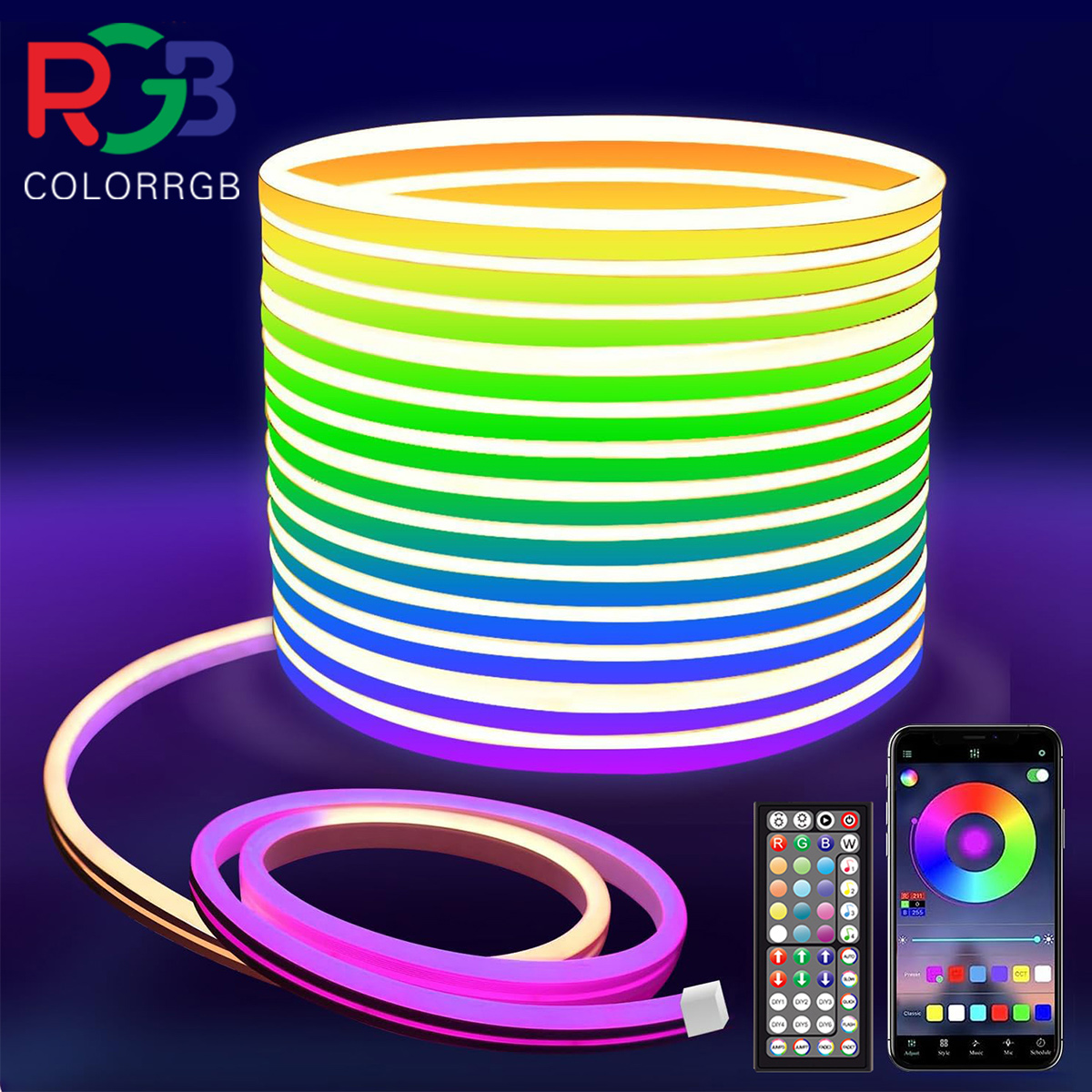 ネオン LED ロープライト、寝室用 LED ライト、リモートとアプリ制御 RGB 照明ストリップ付き柔軟な LED ライト ストリップ
