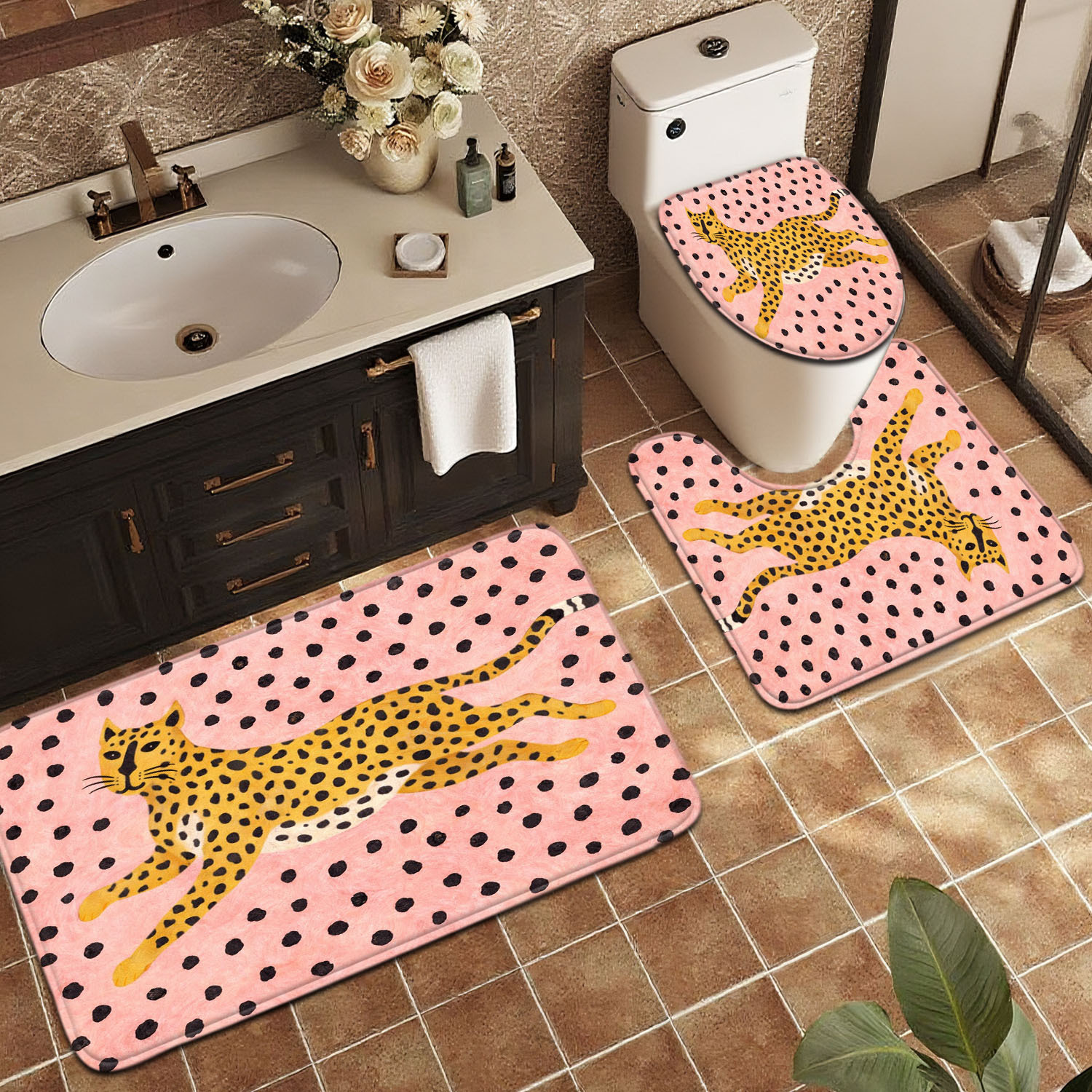 3 個のピンクのヒョウ柄のバスルームフロアマット、家の装飾用カーペット、トイレ蓋カバー付き、バスルーム用製品