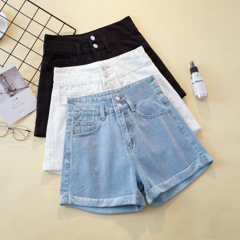 女性用 ショートパンツ デニムショーツ ハイウエスト ダブルボタン 夏 ルーズフィット ライトブルー ブラック ワイドレッグ カジュアル ファッション