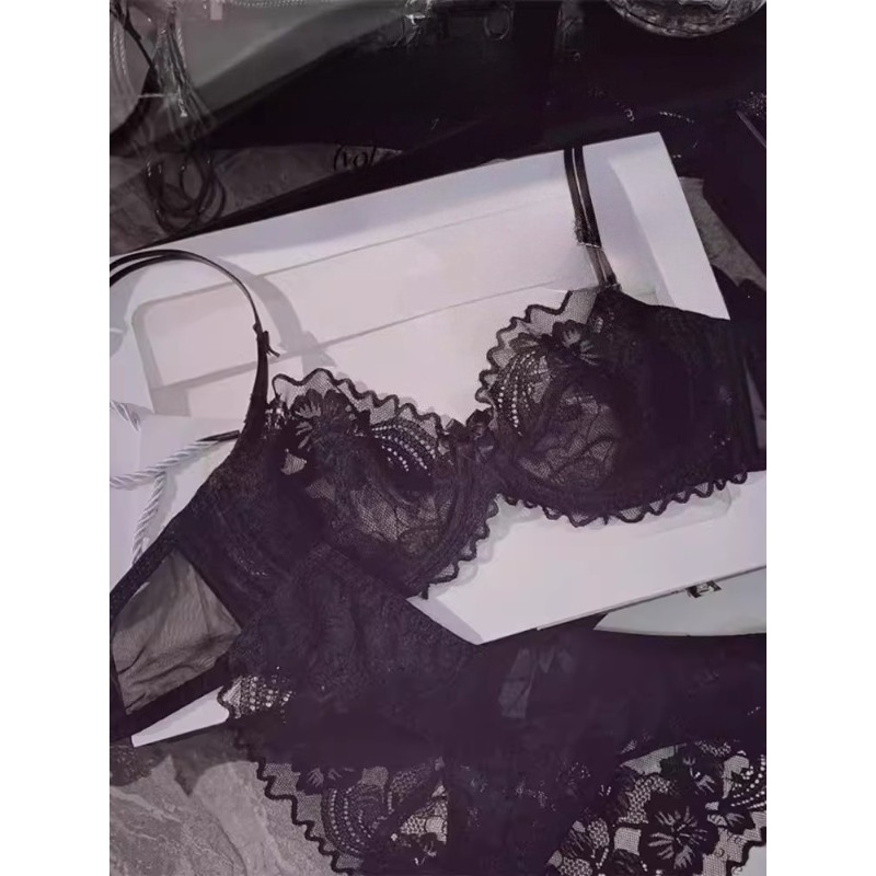 French Ultra-thin Lace Lingerie Set for Large Breasts,sexy See-through Underwire Bra,small Bust Lift Anti-sagging Soft Daily Set