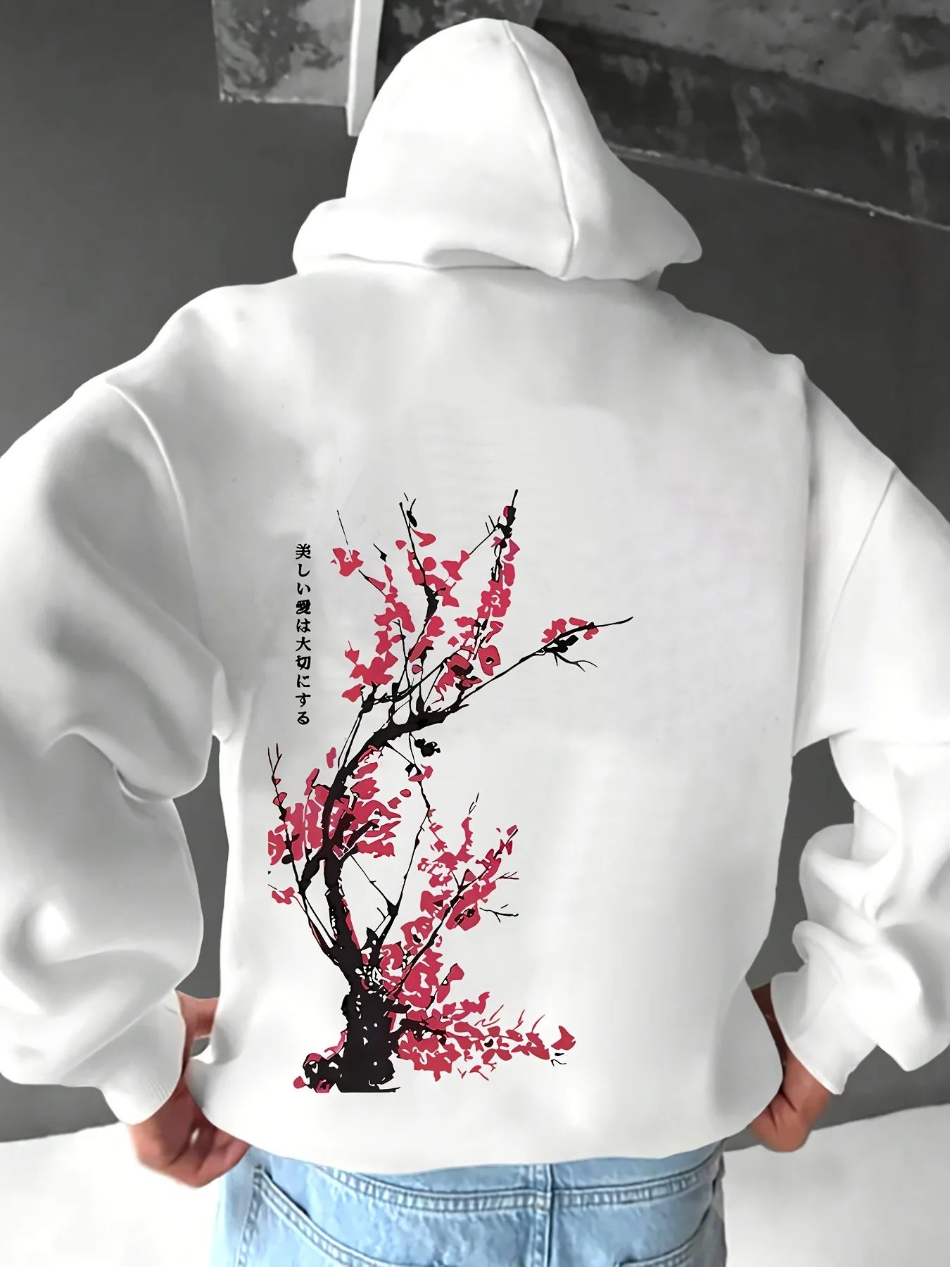 メンズカジュアルパーカー桜プリントわずかなストレッチルーズフィット週末着用ファッション長袖服スポーツウェア