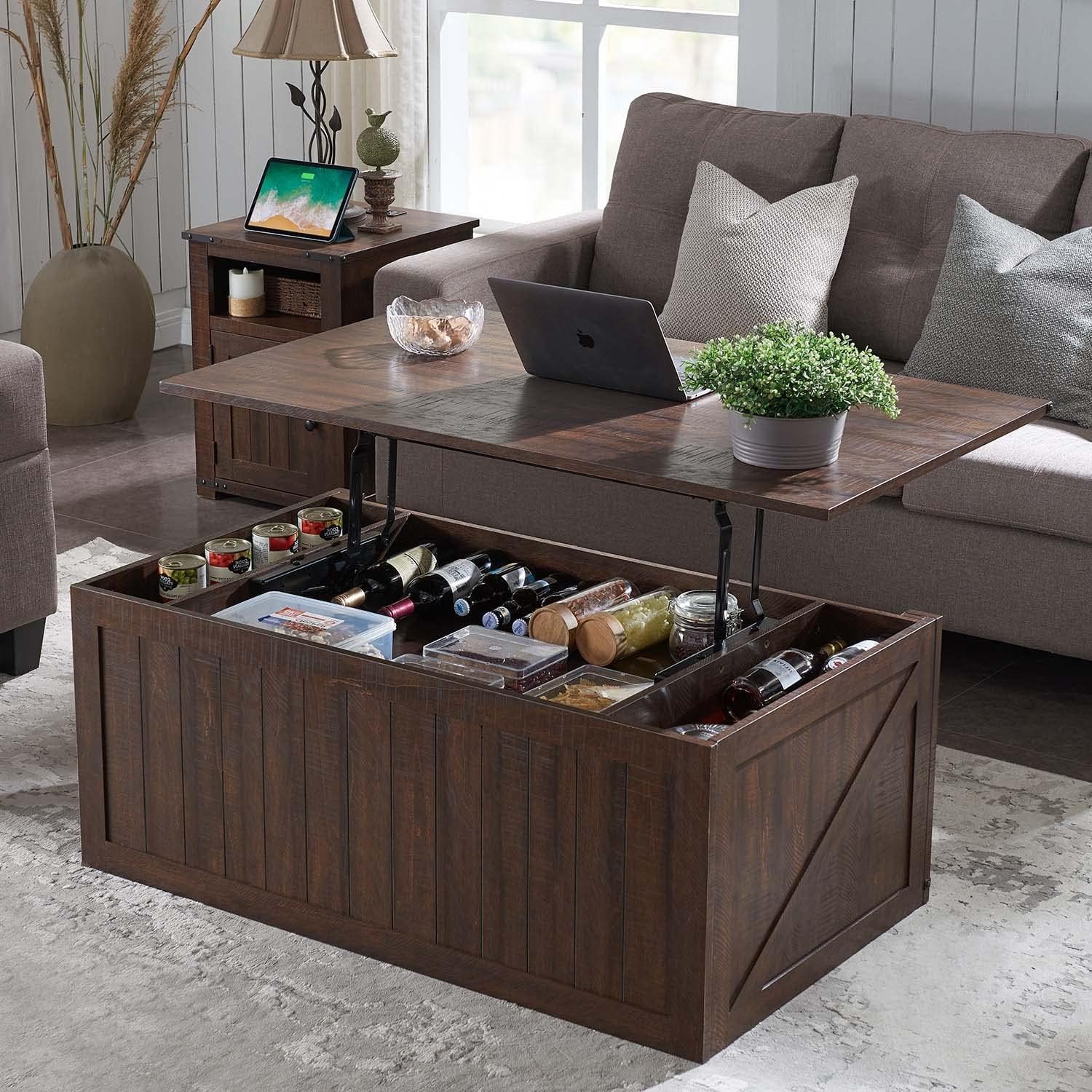 ファームハウスリフトトップコーヒーテーブル、納屋のスライドドアとリビングルーム用のダブルストレージ付き