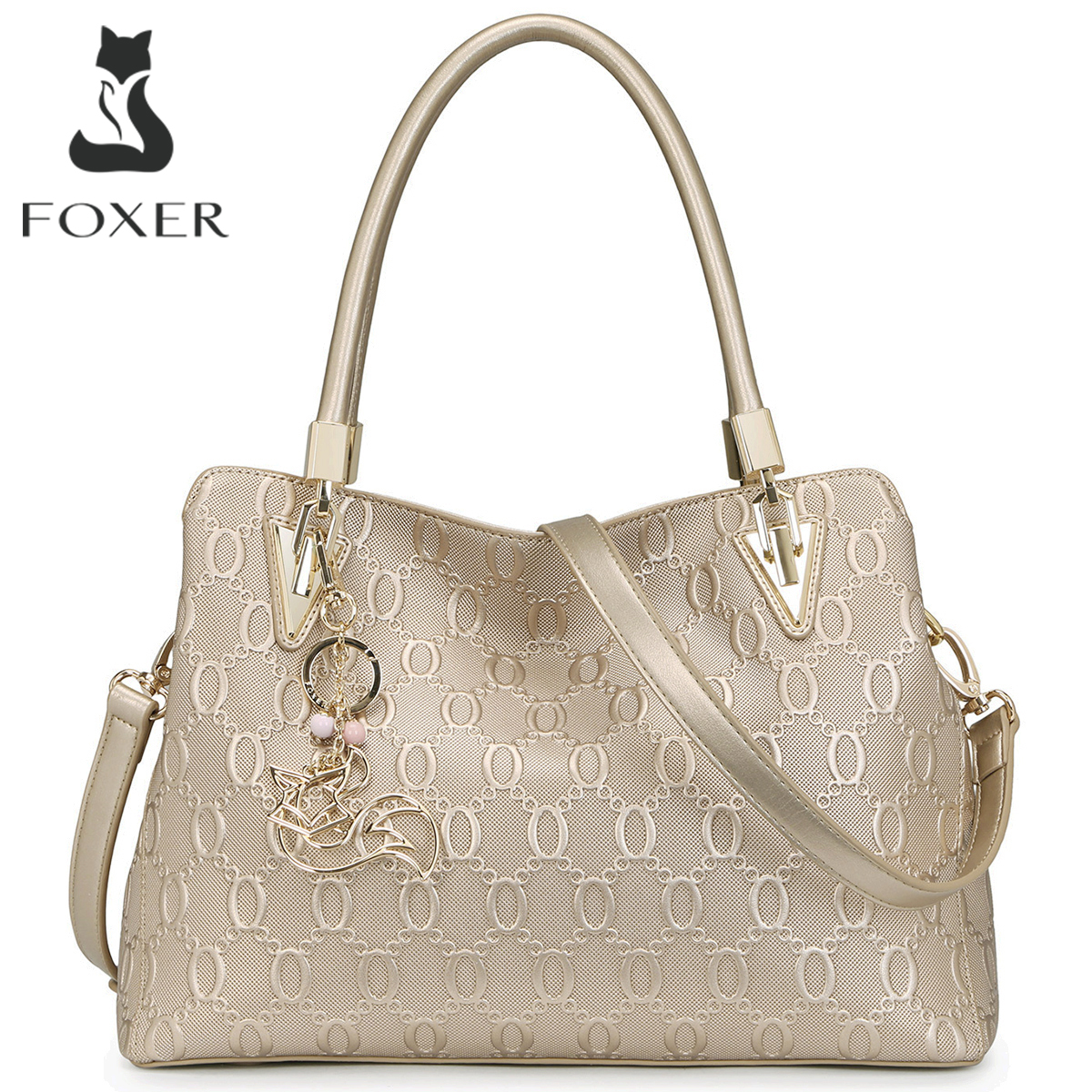 FOXER ブランド牛革女性のショルダーバッグ女性床革ハンドバッグファッションレディトート大容量トップハンドルバッグ
